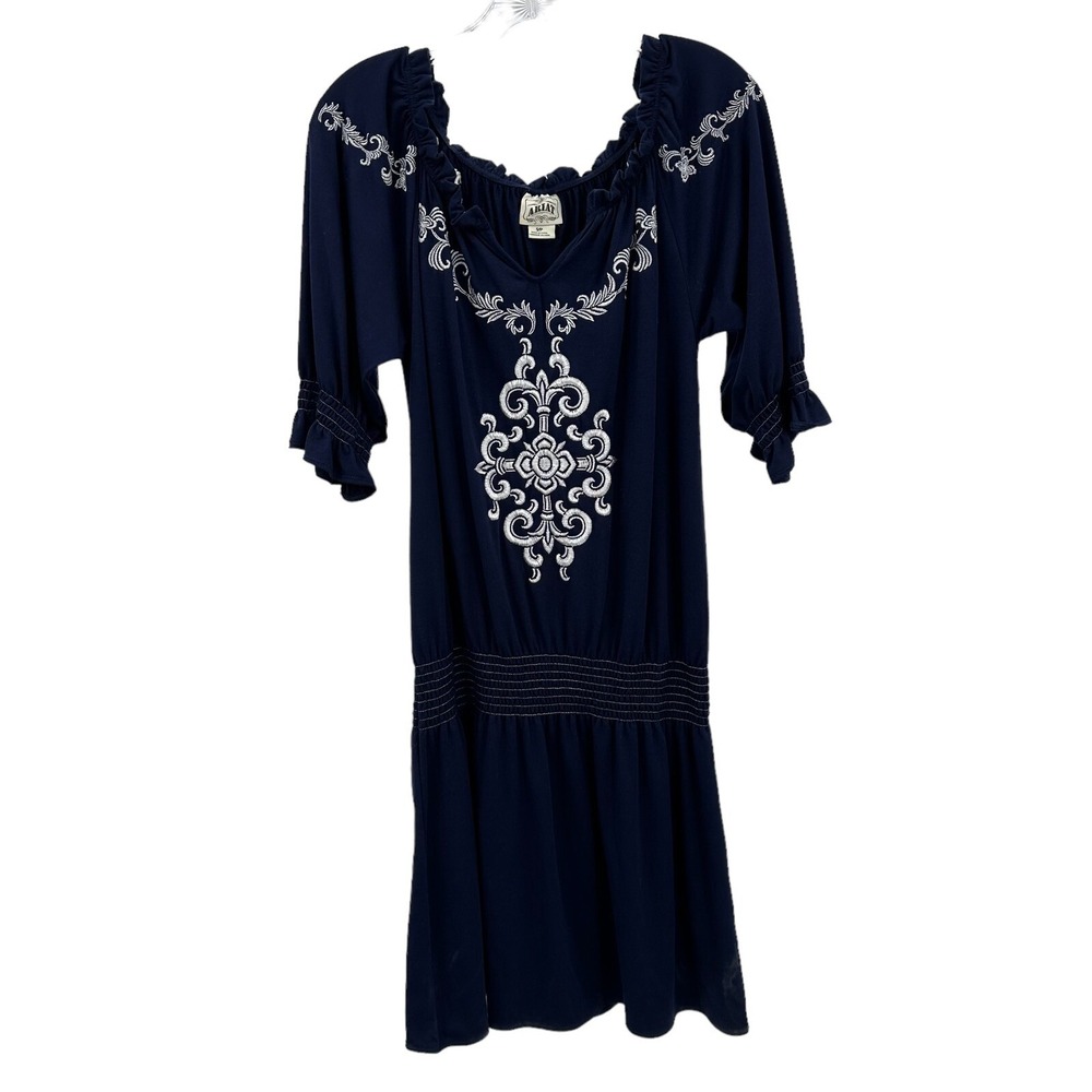 Ariat Cassie  Midi Navy Blue 3/4 Sleeve Embroidered Western Dress SMALL PETITE